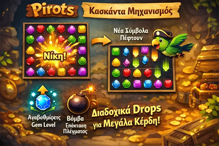 Cascade drops στο Pirots με αλυσιδωτές συλλογές, upgrades και επέκταση πλέγματος