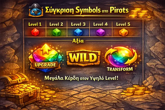 Σύγκριση αξίας των symbols του Pirots ανά φάση gem level από 1 έως 5 και πάνω