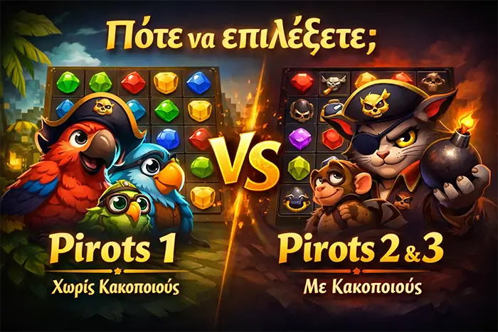 Σύγκριση Pirots 1 με Pirots 2 και Pirots 3 ως προς πολυπλοκότητα, villain και learning path