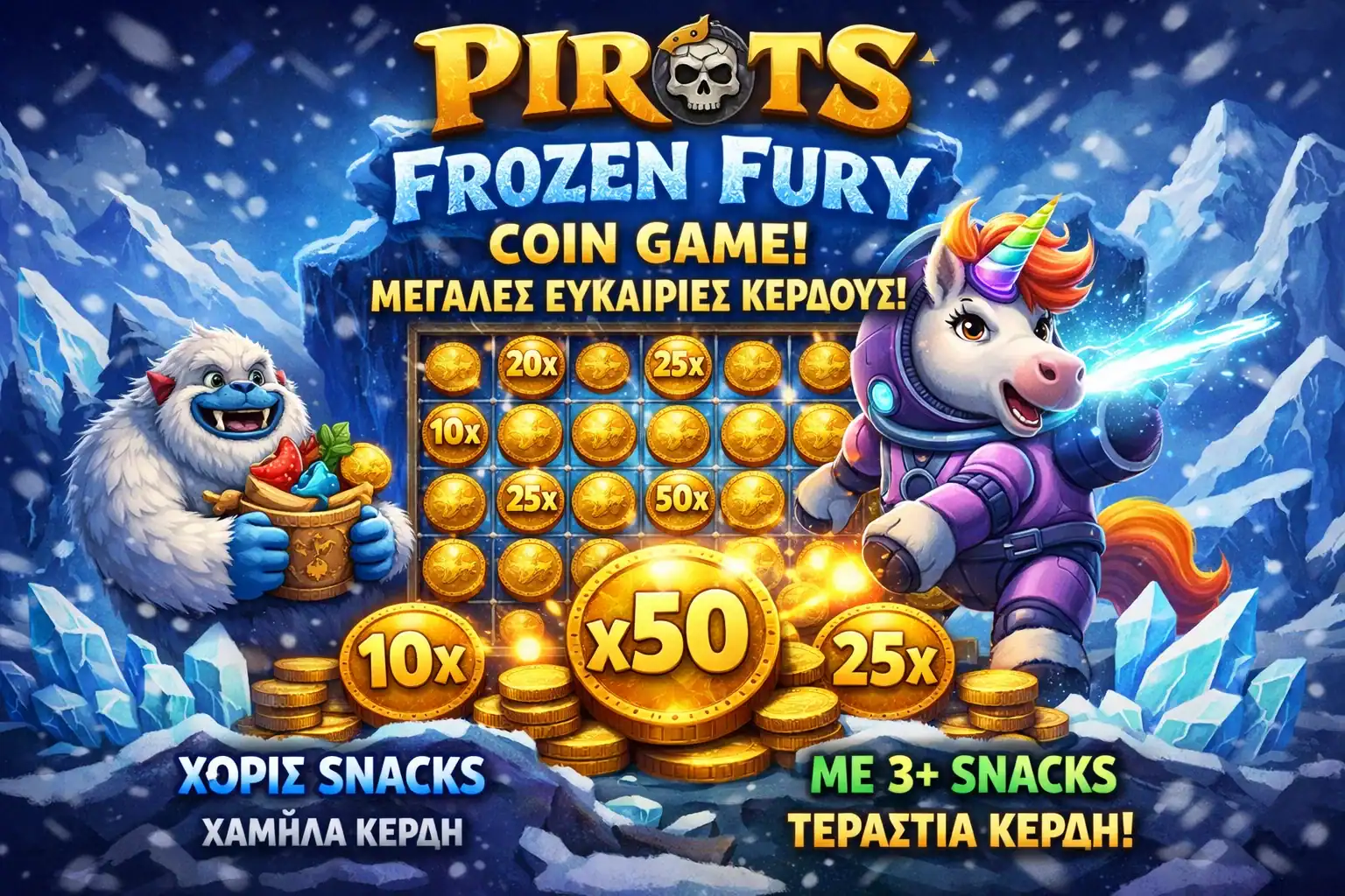 Ανάλυση Frozen Fury Coin Game με Spacecorn trigger, πολλαπλασιαστή από Yeti Snacks και hard cap 10000x