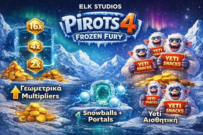 Οι σχεδιαστικές επιλογές της ELK Studios στο Frozen Fury με γεωμετρικό multiplier, Yeti theme και Snowballs plus Portals