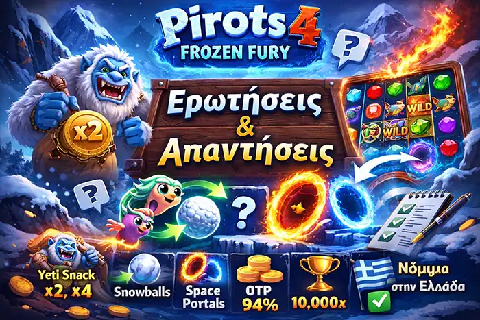 FAQ για Pirots 4 Frozen Fury με Yeti Snack, Snowballs, Space Portals, RTP και νομιμότητα στην Ελλάδα