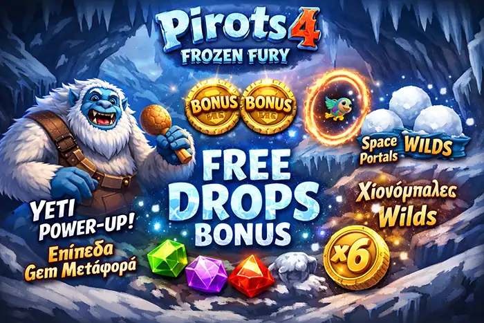Το Free Drops bonus του Frozen Fury με gem levels transfer, ενεργό Yeti, Snowballs, Portals και retrigger