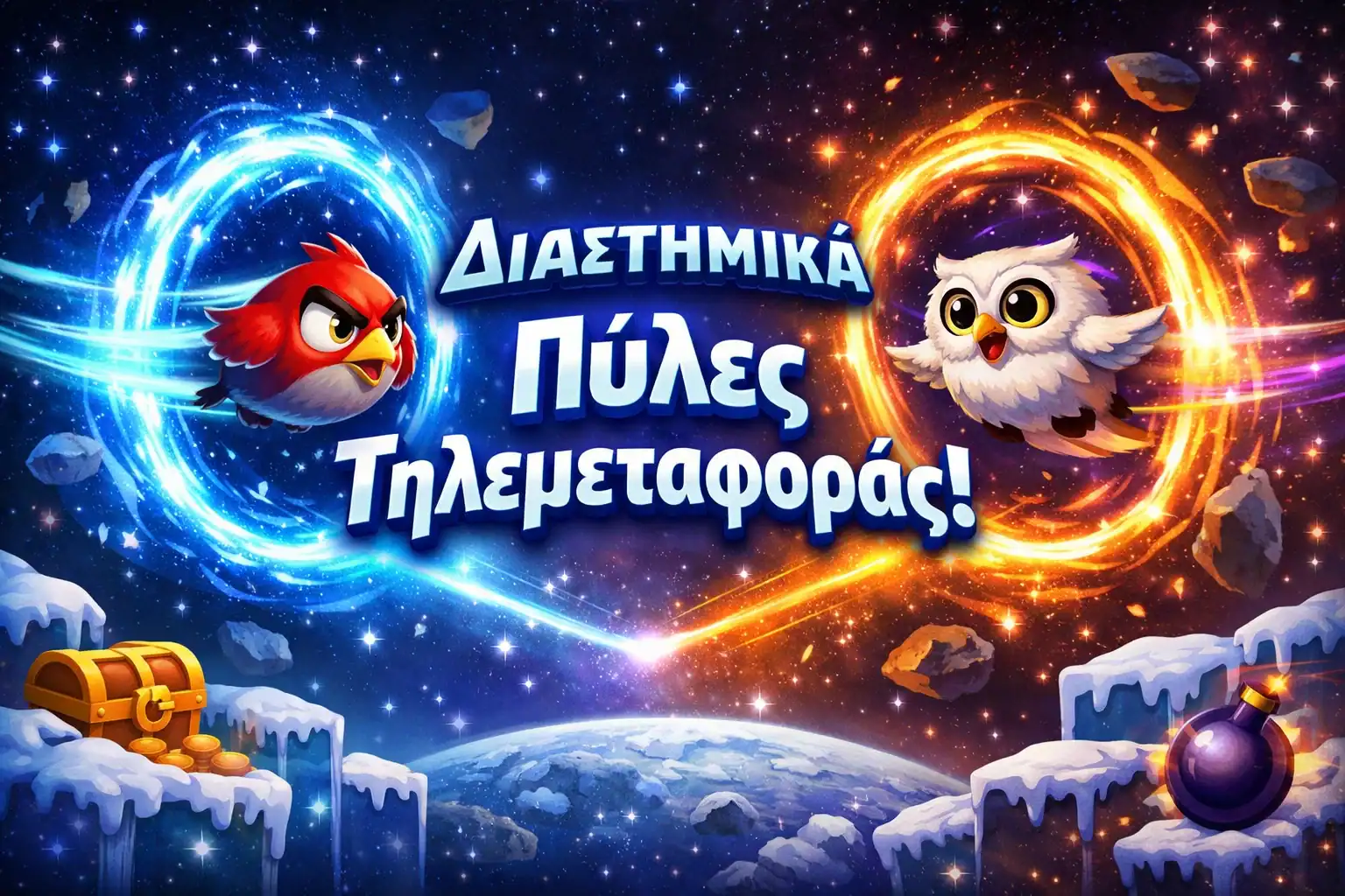 Space Portals στο Frozen Fury που τηλεμεταφέρουν πουλιά και αλλάζουν τη διαδρομή τους στο πλέγμα
