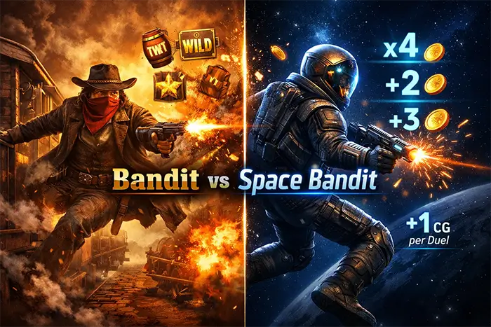 Σύγκριση του Space Bandit με τον Bandit του Pirots 3 ως προς duel αποτέλεσμα, Coin Game trigger και multiplier λογική