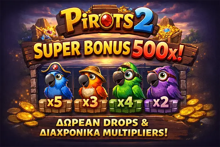 Το Super Bonus του Pirots 2 με κόστος 500x και Free Drops με sticky multipliers ανά πουλί