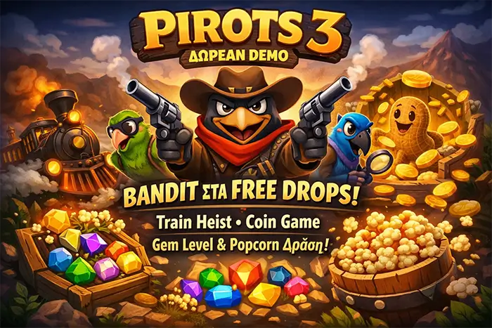 Το Free Drops bonus του Pirots 3 demo με ενεργό Bandit, Duel, Train Heist και πιθανό Coin Game