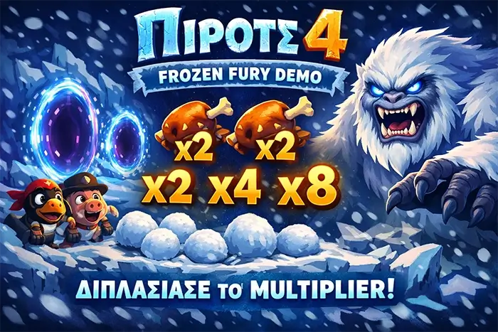 Pirots 4 Frozen Fury demo με Yeti villain, Yeti Snack x2, Snowballs, Space Portals και CollectR 6x6