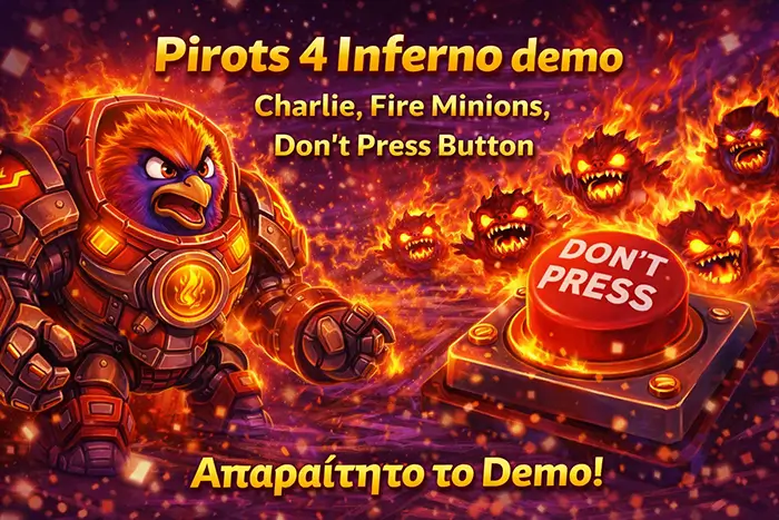Pirots 4 Inferno demo με dual villain Fire Minions και Charlie, Don't Press Button και Inferno Coin Game με mech suit