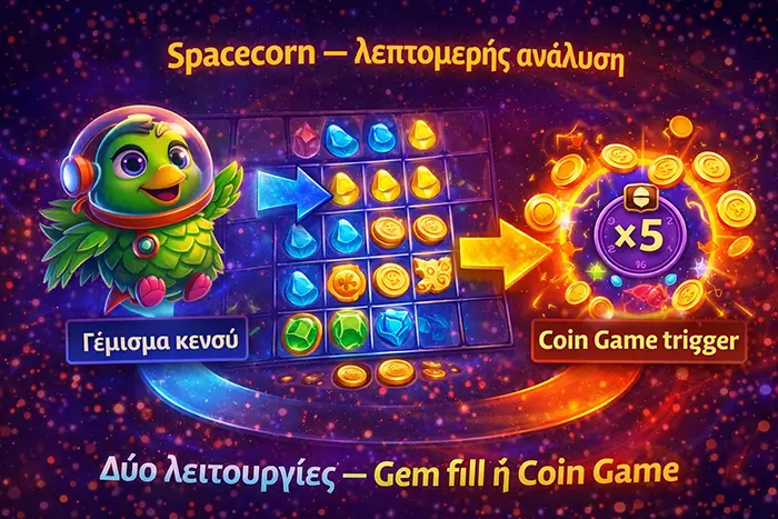 Αναλυτική λειτουργία του Spacecorn στο Lost in Space demo ως gem fill feature και πιθανό Coin Game trigger