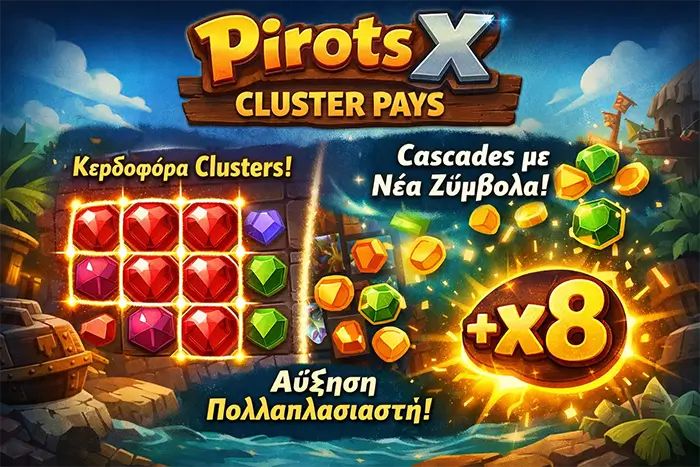 Ο μηχανισμός Cluster Pays στο Pirots X με clusters 5 plus συμβόλων και cascades που συνεχίζουν τον γύρο