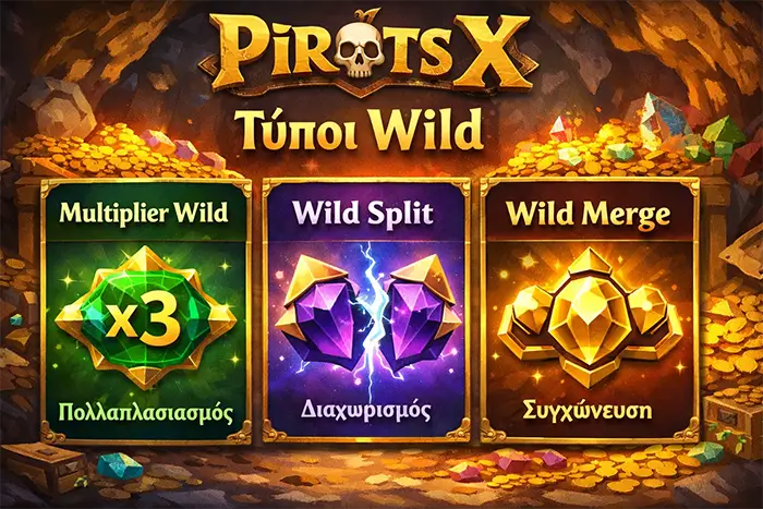 Οι τρεις τύποι wild στο Pirots X με Multiplier Wild, Wild Split και Wild Merge σε διαφορετικές συνθήκες γύρου